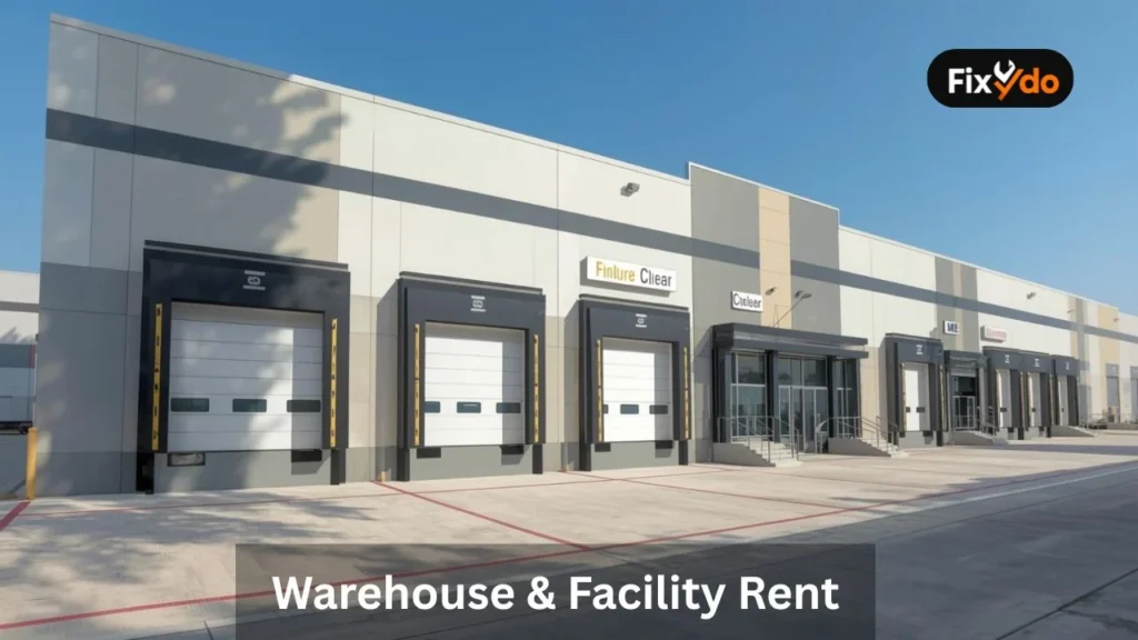 Exterior of an industrial warehouse in Dubai South or JAFZA, showing signage and large garage doors.