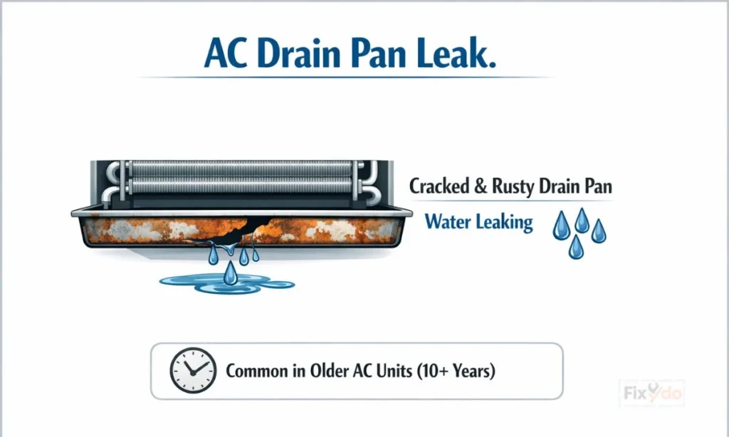 Infographic of cracked rusty AC drain pan leaking water, common in air conditioners over 10 years old.