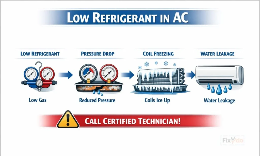 Infographic showing AC refrigerant issue progression: low gas causes pressure drop, coil freezing, and water leakage. Includes technician warning.