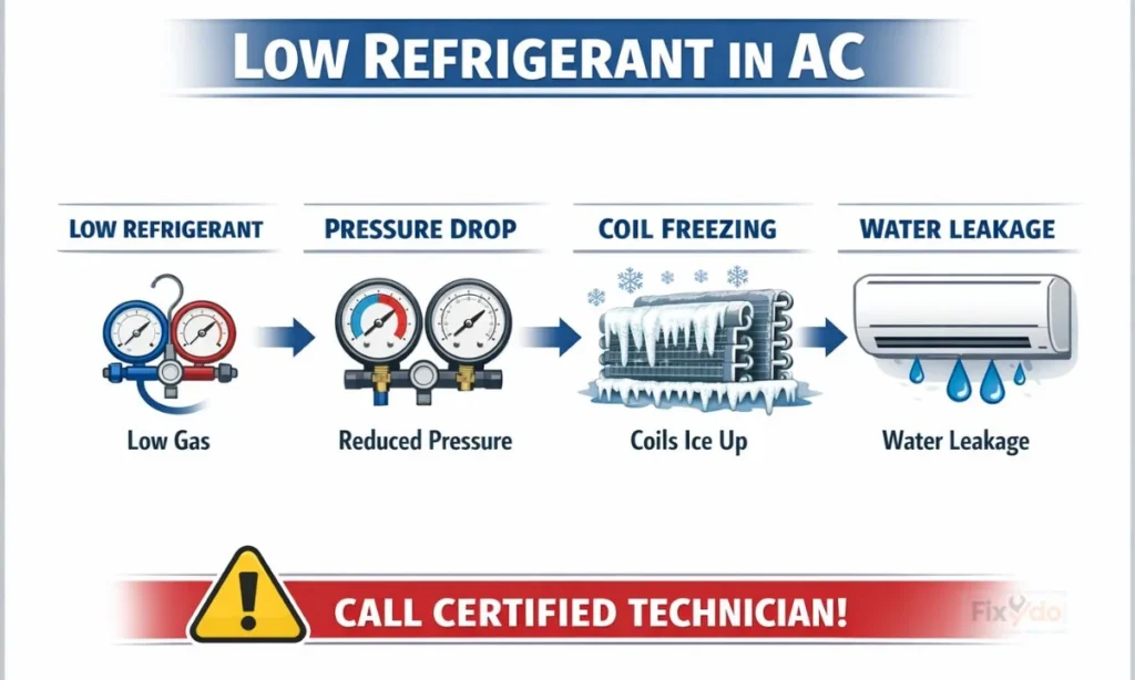 Professional HVAC infographic showing AC refrigerant issues: low gas causes pressure drop, coil freezing, and water leakage. Includes technician warning.