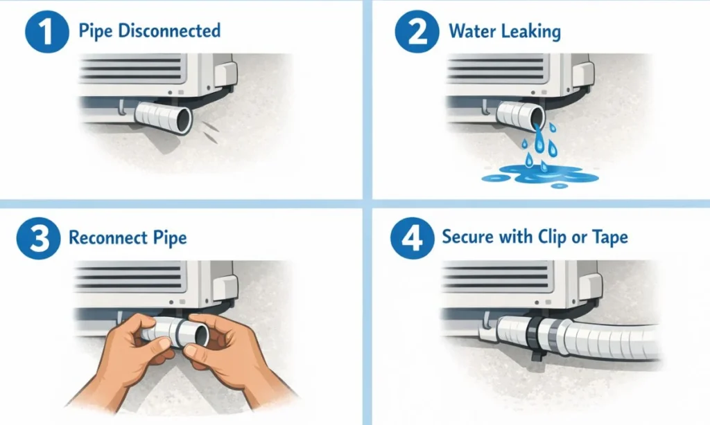 Step-by-step infographic showing how to fix a loose AC drain pipe: Step 1, pipe disconnected; Step 2, water leaking; Step 3, reconnect pipe; Step 4, secure with clip or tape.
