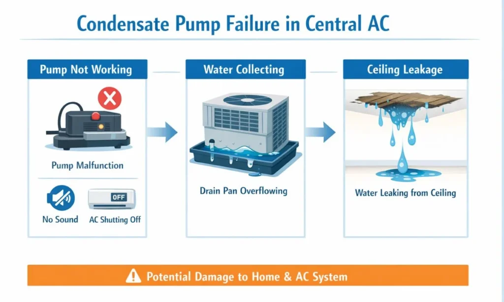 Infographic showing the sequence of condensate pump failure in central AC: a malfunctioning pump with warning icons (no sound, AC shutting off), leading to water collecting in the drain pan, and resulting in ceiling leakage with dripping water. Includes a warning bar about potential damage.