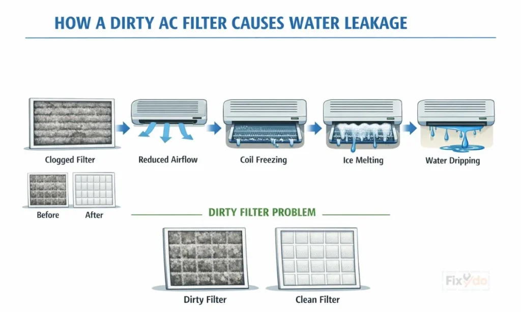 dirty ac filters infographics showing the clogged filters and tips to clean it.