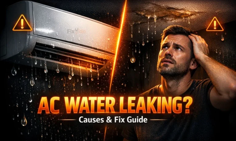 Split-screen thumbnail showing a leaking air conditioner and a worried homeowner, with glowing orange warning icons and bold text “AC WATER LEAKING?” on a black background.