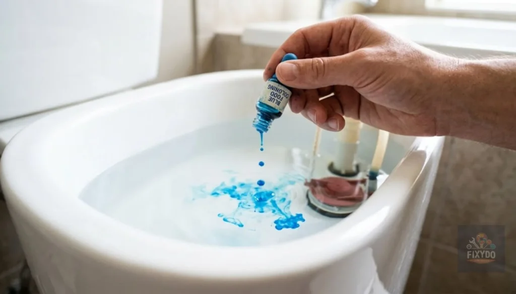 a person's hand squeezing three drops of blue food coloring from a small dropper bottle