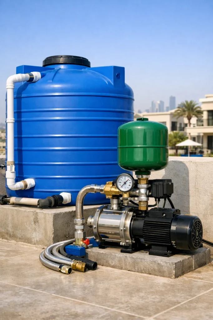 Plumber fixing a water booster pump in a UAE villa