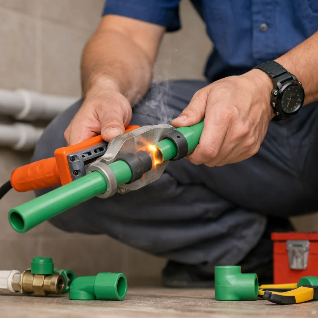 Plumber doing PPR pipe fusion welding with precision