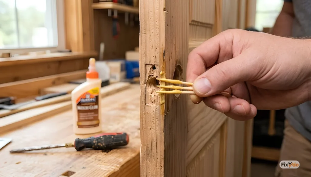 stripped screw hole in a wooden door