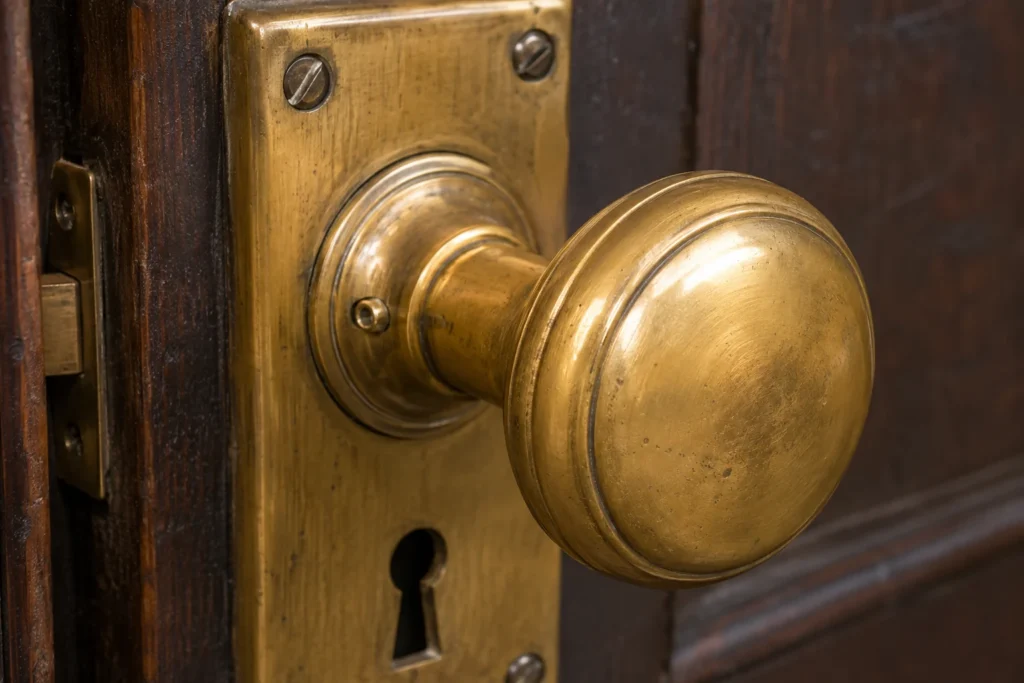 A realistic close-up of a vintage brass mortise doorknob with a set screw on the collar, installed on an antique wooden door with a keyhole.