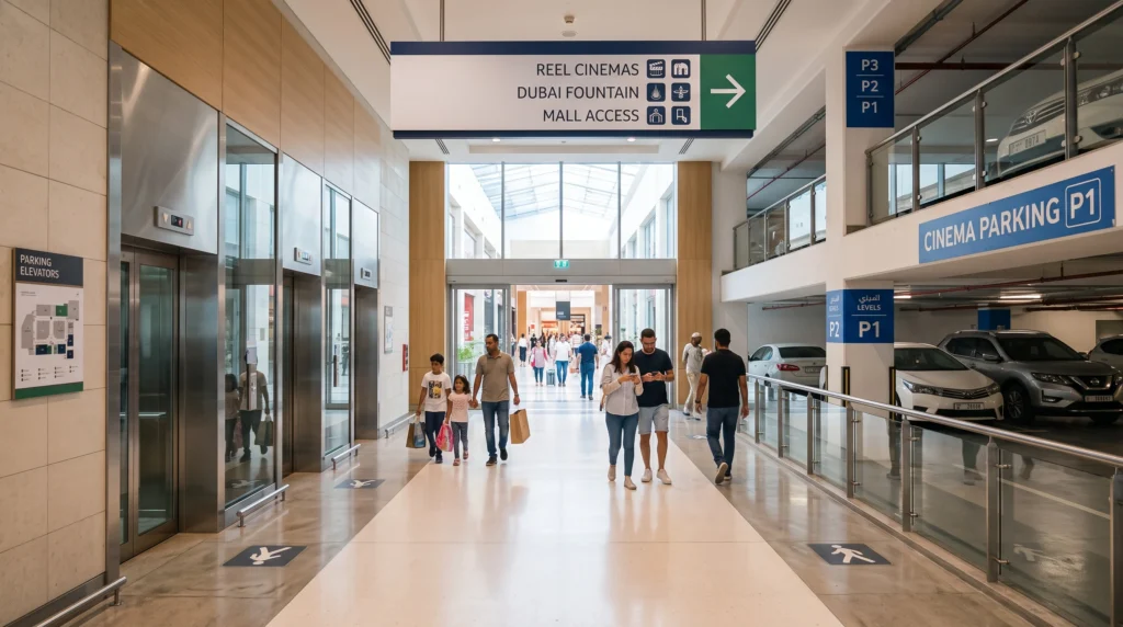Walking route from Dubai Mall Cinema Parking to Reel Cinemas