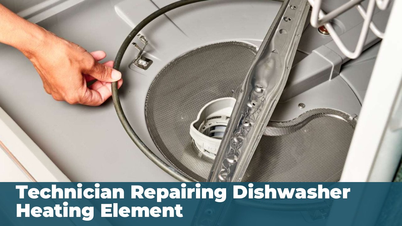 Technician repairing dishwasher heating element